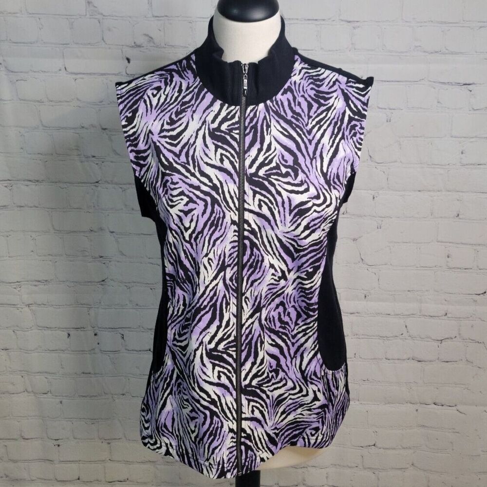 Monterey Club Zebra Print Golf Vest Sz M Purple Black White Pockets Zipper Mock